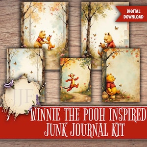 May include: A collection of Winnie the Pooh-themed junk journal pages. The illustrations feature Pooh, Tigger, and other characters in a forest setting with butterflies. The words "Digital Download" are visible in the top right corner.