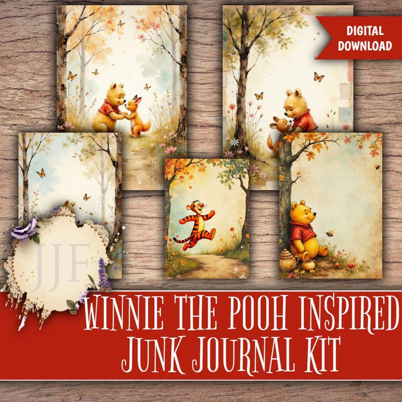 May include: A collection of Winnie the Pooh-themed junk journal pages. The illustrations feature Pooh, Tigger, and other characters in a forest setting with butterflies. The words "Digital Download" are visible in the top right corner.