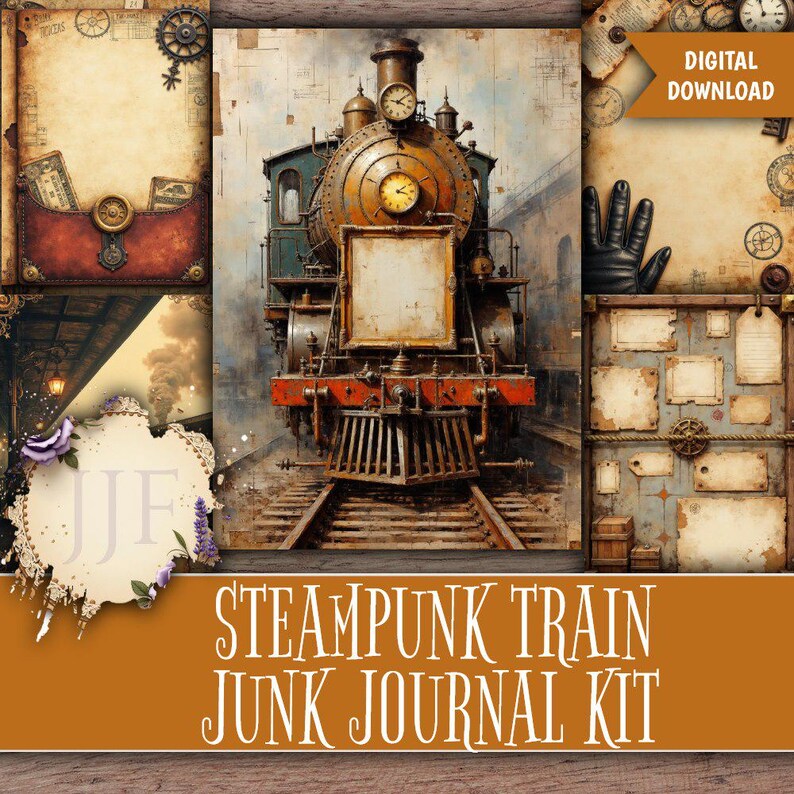 May include: A digital download steampunk junk journal kit featuring a vintage train illustration. The image includes a detailed depiction of a classic steam engine, along with various decorative elements such as gears, clocks, and aged paper textures. The kit is designed for crafting and journaling.