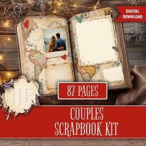 May include: An open scrapbook with a world map design, a photo of a couple, and blank pages. The text "87 PAGES" is displayed on a red rectangle, and the words "COUPLES SCRAPBOOK KIT" are below. The words "DIGITAL DOWNLOAD" are in the upper right corner.