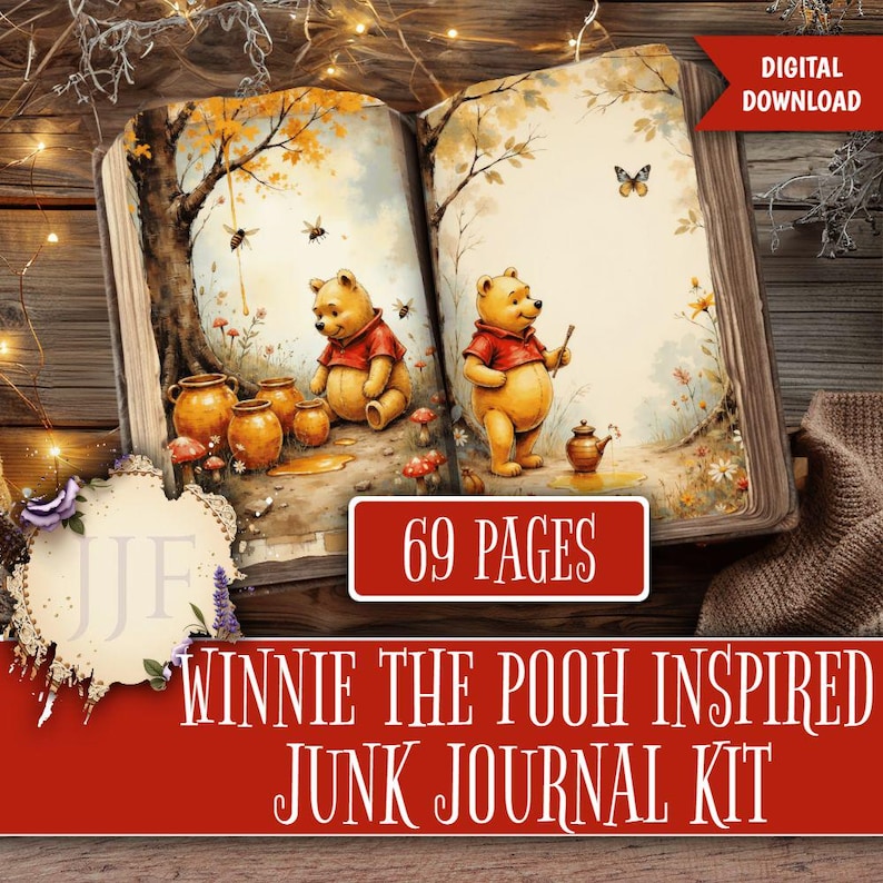 May include: An open book with illustrations of Winnie the Pooh in a red shirt, surrounded by honey pots, bees, and a butterfly. The text "69 PAGES" and "WINNIE THE POOH INSPIRED JUNK JOURNAL KIT" are displayed on the image. A "DIGITAL DOWNLOAD" tag is also present.