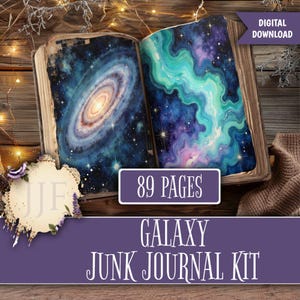 May include: A digital download junk journal kit featuring 89 pages with galaxy-themed illustrations. The open book displays a spiral galaxy on the left page and swirling teal, purple, and blue nebula patterns on the right page, all filled with stars.