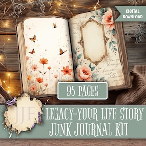 Könnte beinhalten: Ein offenes Junk-Journal-Kit mit Blumen- und Schmetterlingsillustrationen. Die Seiten sind mit Aquarellblumen und Schmetterlingen verziert. Der Text "LEGACY-YOUR LIFE STORY JUNK JOURNAL KIT" wird darunter angezeigt. Das Journal hat 95 Seiten.