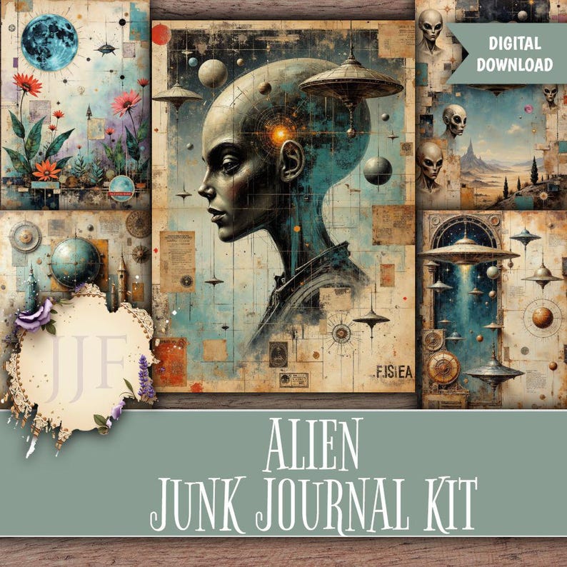 Alien Junk Journal Kit | UFO Printable Pages, Retro Sci Fi Ephemera ...
