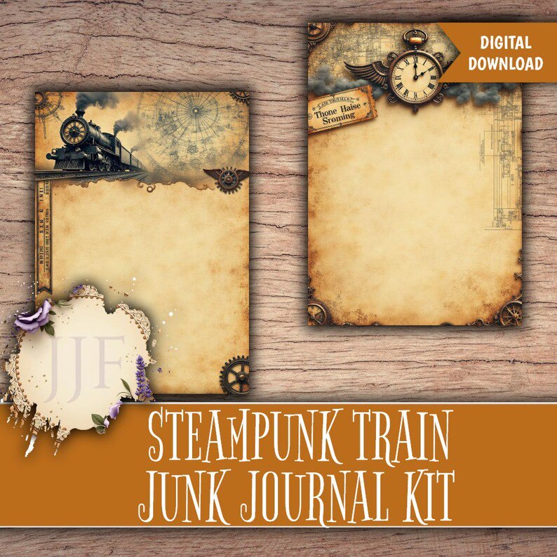 May include: Steampunk-themed junk journal kit with two aged paper pages. One page features a train illustration, the other a clock. Both have vintage map backgrounds and decorative gears. The text "Steampunk Train Junk Journal Kit" is displayed.