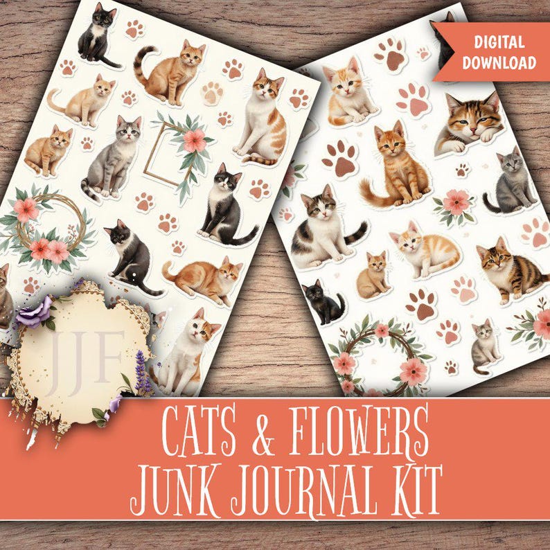 May include: Digital download of a junk journal kit featuring cat illustrations and floral elements. The stickers showcase various cat breeds in different poses, along with paw prints and flower wreaths. The kit includes the text "CATS & FLOWERS JUNK JOURNAL KIT".