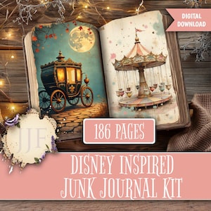 Könnte beinhalten: Digitales Junk-Journal-Kit im Disney-Stil. Das offene Buch zeigt Illustrationen einer Kutsche und eines Karussells. Der Text "186 SEITEN" ist sichtbar, zusammen mit "DIGITALER DOWNLOAD" und "DISNEY INSPIRIERTES JUNK JOURNAL KIT".