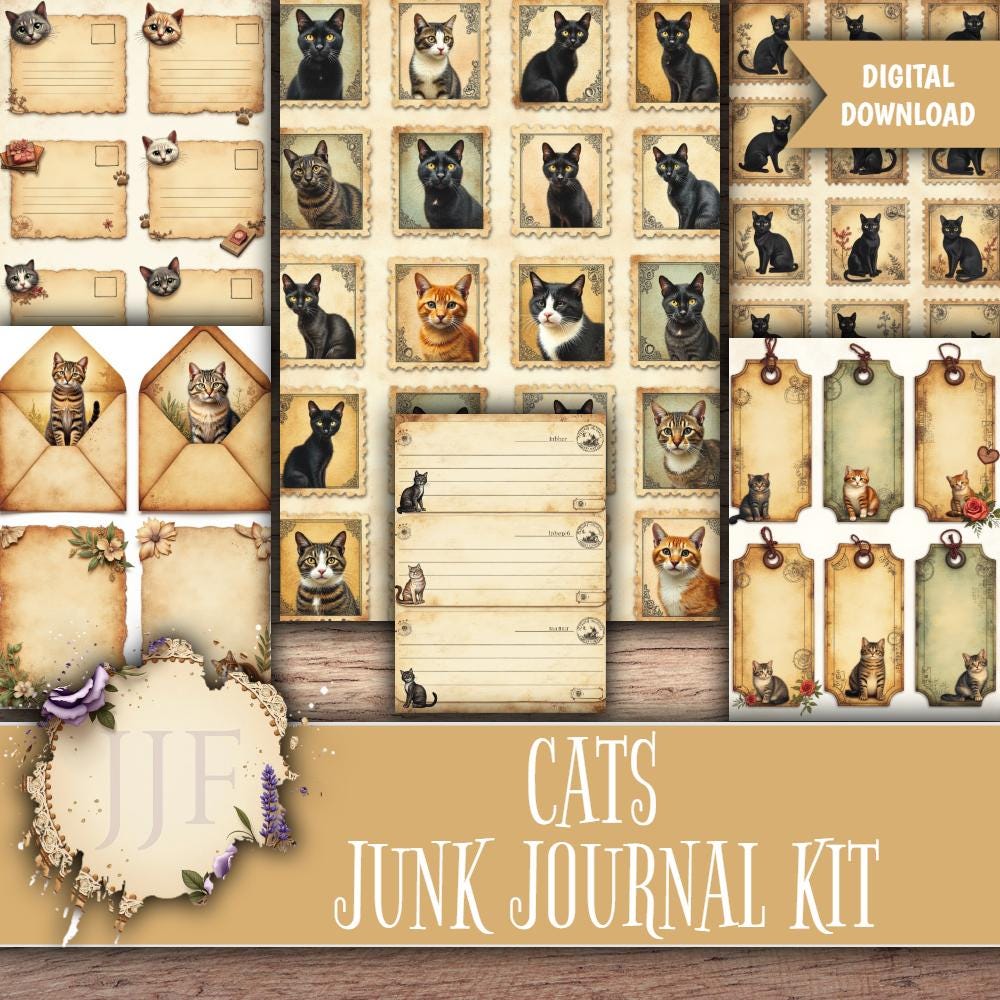 Rustic Cats Junk Journal Printable Kit | Vintage Cat Pages + Ephemera ...