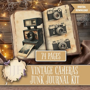 Puede incluir: Un libro abierto muestra ilustraciones de cámaras vintage. Un diseño de cámara retro a la izquierda y tres cámaras a la derecha. El texto "74 PAGES" y "VINTAGE CAMERAS JUNK JOURNAL KIT" son visibles. La imagen tiene una estética rústica y antigua.