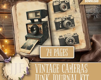 Vintage Camera Junk Journal Kit + Prints | Rustic Photography Printable Pages & Ephemera | Grunge Wall Art, Film Cameras, Blueprint Cards