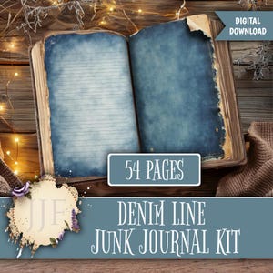 May include: Open vintage-style journal with blue-toned pages and aged edges. The journal is labeled "54 PAGES" and is part of a "DENIM LINE JUNK JOURNAL KIT". The image has a rustic aesthetic, with a wooden background and decorative elements.
