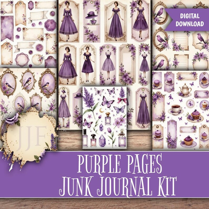 Purple Junk Journal Kit Printable | Purple Floral Pages + Ephemera ...