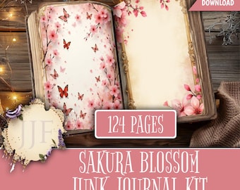 Sakura Blossom Junk Journal Kit Printable | Cherry Blossom & Pink Butterfly Journal Pages + Ephemera, Japanese Spring Vintage Collage