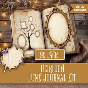 Puede incluir: Un diario basura abierto de 90 páginas, con un diseño de árbol con marcos de fotos y un marco ovalado adornado. El texto dice "Heirloom Junk Journal Kit" y "Digital Download."