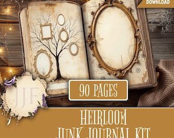 May include: An open junk journal with 90 pages, featuring a tree design with picture frames and an ornate oval frame. The text reads "Heirloom Junk Journal Kit" and "Digital Download."