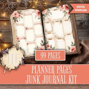 Può includere: Planner in stile vintage aperto con accenti floreali e pagine vuote. Il planner presenta un design con rose rosa e foglie verdi. Il testo sull'immagine recita "99 pagine" e "Kit diario pagine planner". È indicato un download digitale.