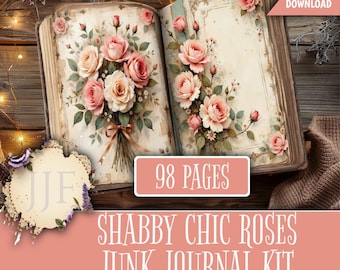Peut inclure: Un livre ouvert de 98 pages présentant des illustrations de roses roses, de feuilles vertes et de bordures décoratives de style ancien. Les pages ont un fond couleur crème avec des textures subtiles. Une étiquette de téléchargement numérique est visible.
