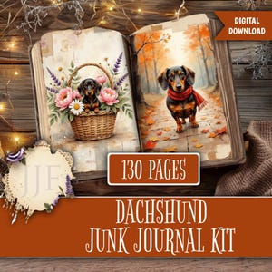 Pode incluir: Um download digital de um kit de diário de lixo de dachshund. O livro aberto apresenta ilustrações de dachshunds, um em uma cesta de flores e o outro usando um cachecol em uma cena de outono. O kit inclui 130 páginas.