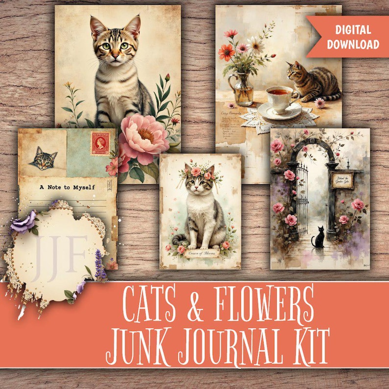 May include: A digital download junk journal kit featuring cat and flower illustrations. The images include a cat portrait, a cat with a flower crown, and a cat near a teacup. The kit also includes a note card and a floral gate scene.