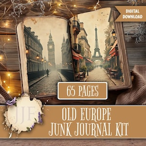 May include: An open book with vintage European city scenes, including the Eiffel Tower and Big Ben. The book has 65 pages and is labeled "Old Europe Junk Journal Kit" and "Digital Download". The cover is brown with a decorative floral element.