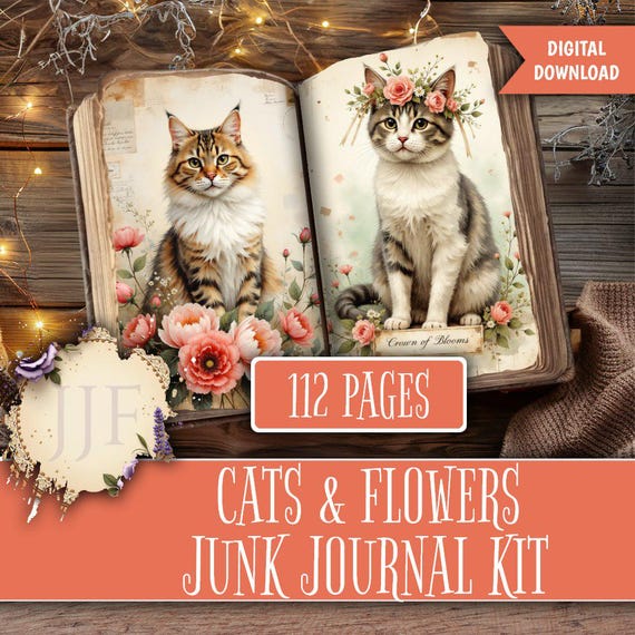 Cats and Flowers Junk Journal Kit | Cat Printable Pages + Ephemera, Vintage Botanical Collage, Tags & Pockets