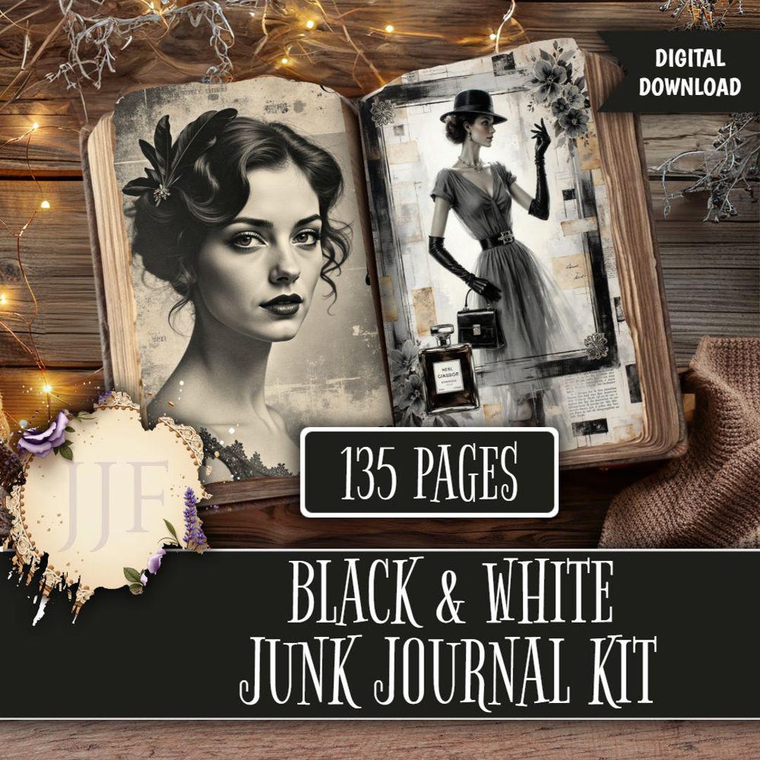 Black and White Junk Journal Kit | Monochrome Printable Pages, Vintage ...