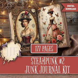 May include: A digital download of a Steampunk #2 Junk Journal Kit. The image shows an open book with illustrations of women in Victorian-era clothing, butterflies, and roses. The cover art features a woman in a hat and corset. The journal contains 177 pages.