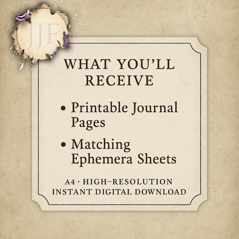 May include: A digital download graphic with the text "WHAT YOU'LL RECEIVE" and bullet points for "Printable Journal Pages" and "Matching Ephemera Sheets." The image is framed with a decorative border and floral accents.