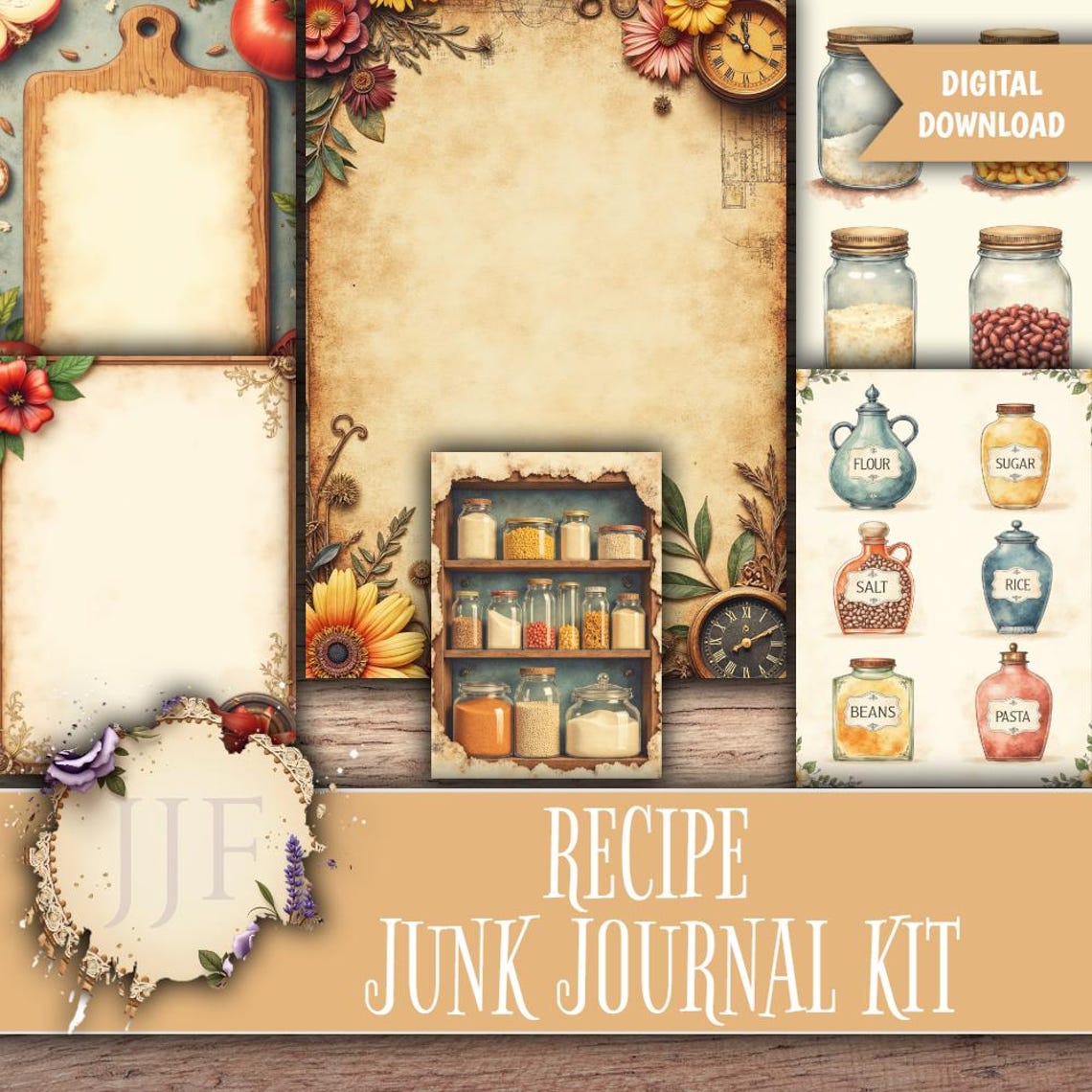 Recipe Junk Journal Kit | Printable Cooking Pages + Ephemera | Vintage ...