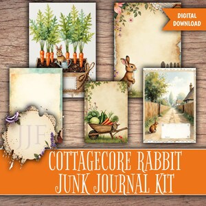 May include: A digital download of a Cottagecore Rabbit Junk Journal Kit. The kit includes several watercolor-style pages with illustrations of rabbits, carrots, and a wheelbarrow filled with vegetables. The pages have a vintage, aged paper appearance.