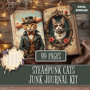 Steampunk Cat Junk Journal Kit Printable | Victorian Clockwork Cat Pages, Gears & Roses Ephemera, Vintage Collage Journal Papers