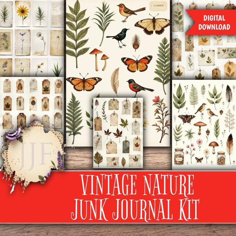 Vintage Nature Junk Journal Kit | Woodland Botanical Ephemera, Retro ...