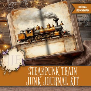 May include: An open book with a vintage illustration of a steampunk train. The train is black and gold, with smoke billowing from its smokestack. The text "STEAM PUNK TRAIN JUNK JOURNAL KIT" is displayed on a brown banner.