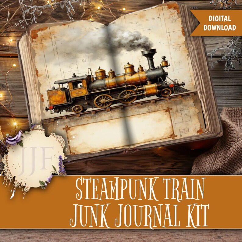 May include: An open book with a vintage illustration of a steampunk train. The train is black and gold, with smoke billowing from its smokestack. The text "STEAM PUNK TRAIN JUNK JOURNAL KIT" is displayed on a brown banner.