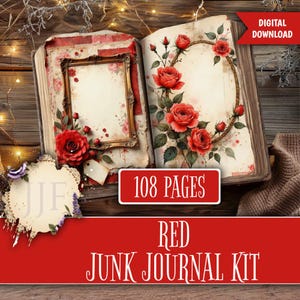 May include: Open vintage-style journal with red rose illustrations and a gold frame. The journal has 108 pages and is labeled as a "Red Junk Journal Kit" with a "Digital Download" tag. The pages have a distressed, aged appearance.