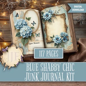May include: An open junk journal kit with a blue and cream color scheme. The pages are decorated with blue flowers, butterflies, and ornate frames. The text "Quiet Moments" and "117 Pages" are visible.