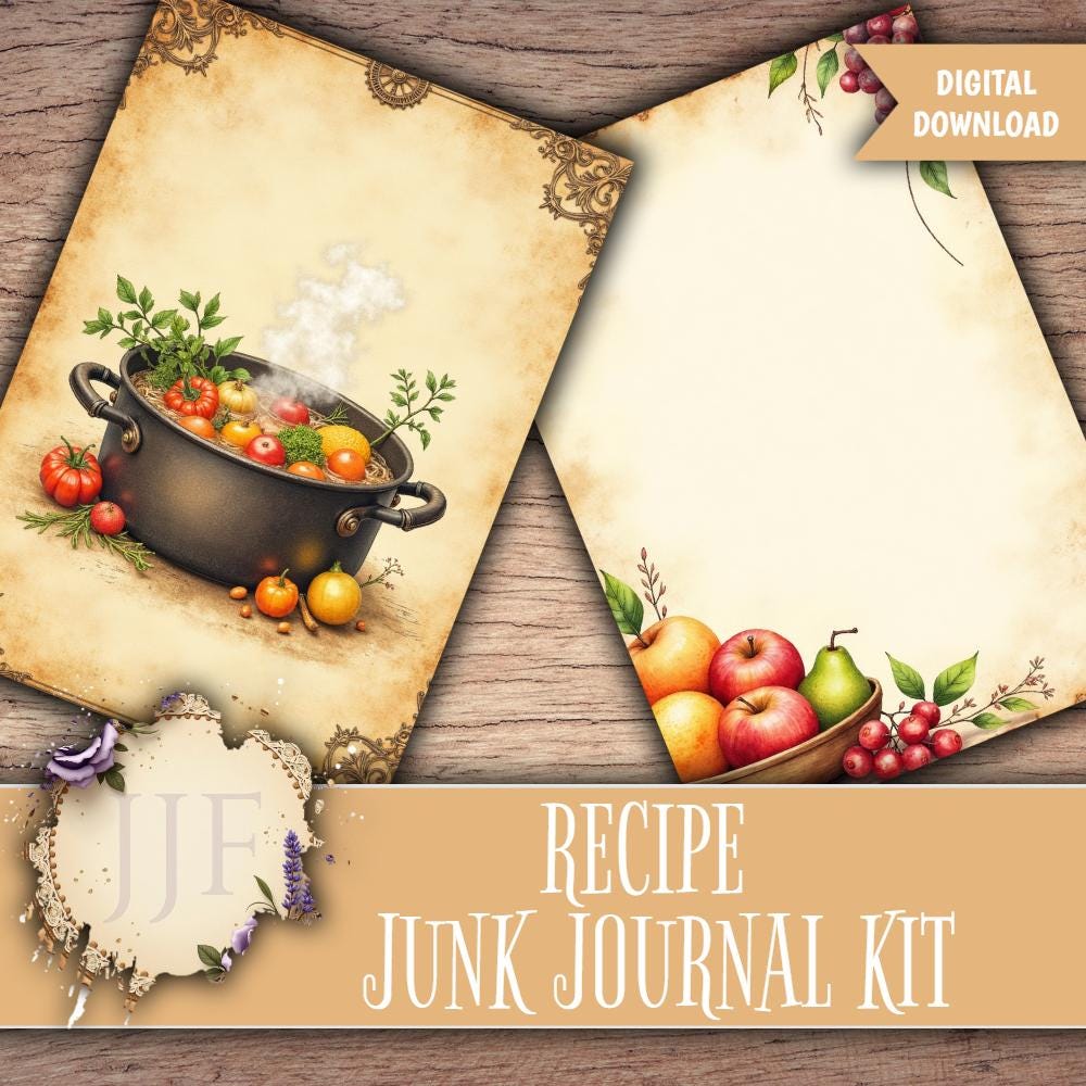 Recipe Junk Journal Kit | Printable Cooking Pages + Ephemera | Vintage ...