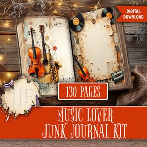 Könnte beinhalten: Digitaler Download Musikliebhaber Junk Journal Kit. Das offene Buch zeigt Musikinstrumente, Noten und Vintage-Elemente. Das Cover enthält den Text "130 Seiten" und "Music Lover Junk Journal Kit".