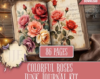 May include: An open book with illustrations of roses in shades of red, pink, and yellow. The text "86 PAGES" is displayed on a pink rectangle. The words "COLORFUL ROSES JUNK JOURNAL KIT" are also visible. The book is a digital download.