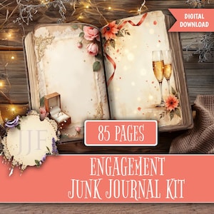 Puede incluir: Un libro abierto de estilo vintage con 85 páginas, con ilustraciones florales y temáticas de compromiso. Las páginas muestran un joyero, copas de champán y elementos decorativos. Se muestra el texto "Engagement Junk Journal Kit".