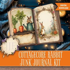 May include: An open book with watercolor illustrations of rabbits, carrots, and flowers. One rabbit is in a watering can, and another stands near a small gate. The text "DIGITAL DOWNLOAD" is in the upper right corner. The words "COTTAGECORE RABBIT JUNK JOURNAL KIT" are at the bottom.