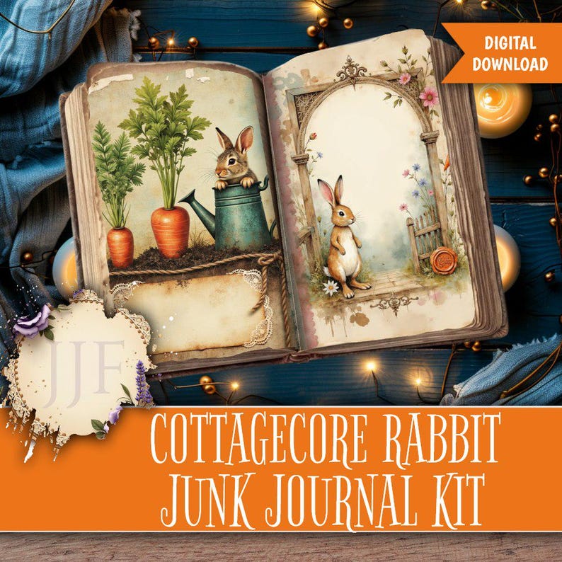 May include: An open book with watercolor illustrations of rabbits, carrots, and flowers. One rabbit is in a watering can, and another stands near a small gate. The text "DIGITAL DOWNLOAD" is in the upper right corner. The words "COTTAGECORE RABBIT JUNK JOURNAL KIT" are at the bottom.