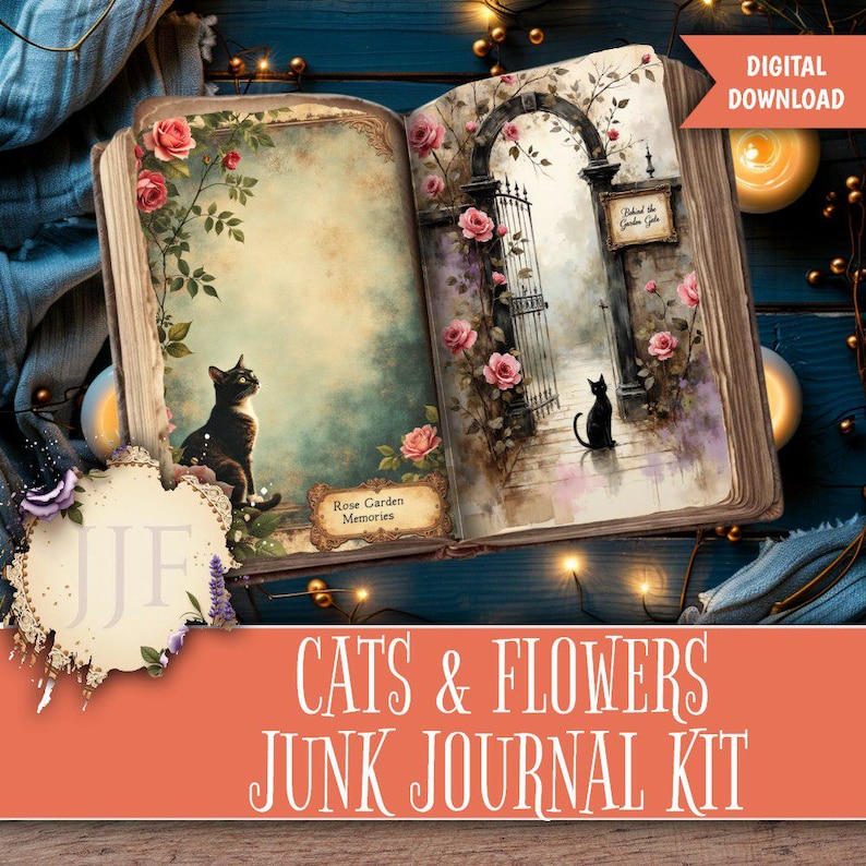 May include: An open book with watercolor illustrations of cats, roses, and a garden gate. The left page shows a black cat and the text "Rose Garden Memories." The right page features a black cat near a gate. The text "Cats & Flowers Junk Journal Kit" is at the bottom.