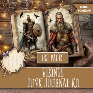May include: A digital download of a Viking-themed junk journal kit. The open book displays illustrations of Viking warriors with ravens. The cover features the text "VIKINGS JUNK JOURNAL KIT" and "182 PAGES".