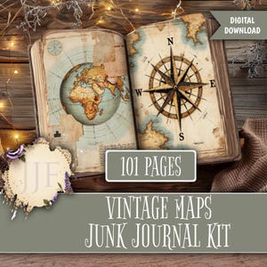 Puede incluir: Un libro abierto de estilo vintage con ilustraciones de mapas del mundo y rosa de los vientos. El libro tiene 101 páginas y es una descarga digital. El texto "Vintage Maps Junk Journal Kit" se muestra debajo.