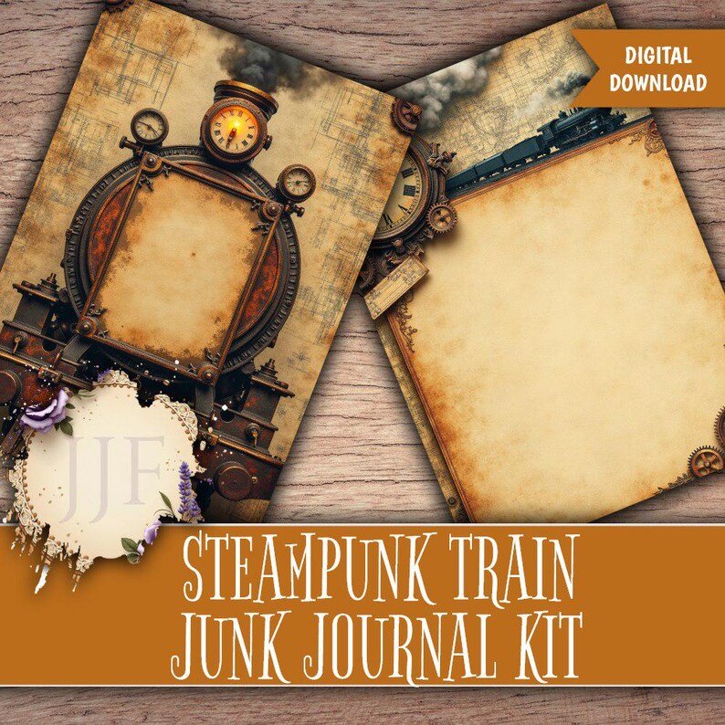 May include: Steampunk train junk journal kit with a vintage aesthetic. The design features a detailed illustration of a steampunk train, clocks, and gears. The background is a parchment-like paper with a distressed texture. The words "DIGITAL DOWNLOAD" are in the top right corner.