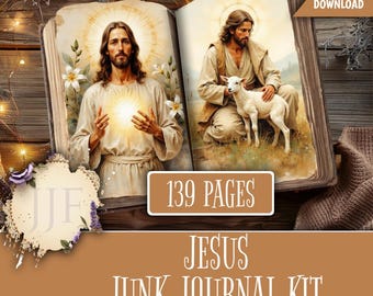May include: A digital download of a junk journal kit with the text "Jesus Junk Journal Kit". The open book features illustrations of Jesus, one with a lamb. The journal has 139 pages. The background is a rustic wooden surface.