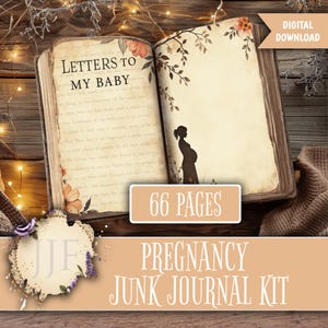 May include: An open book with the title "Letters to My Baby" and a pregnant person silhouette. The journal kit includes 66 pages. The pages are decorated with floral and botanical illustrations. The kit is a "Pregnancy Junk Journal Kit".