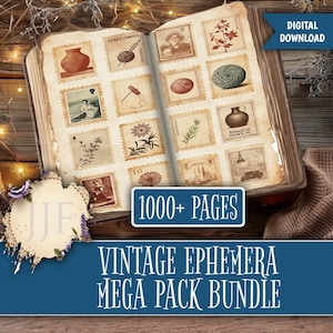 May include: An open vintage book with pages of antique stamps. The stamps feature illustrations of pottery, yarn, people, flowers, and buildings. The text "1000+ PAGES" and "DIGITAL DOWNLOAD" are visible. The title "VINTAGE EPHEMERA MEGA PACK BUNDLE" is displayed.