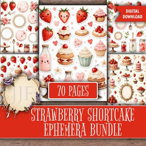 Puede incluir: Una descarga digital que presenta un paquete de efemérides de pastel de fresas. La imagen muestra varias ilustraciones de fresas, cupcakes, pasteles y elementos decorativos. El texto "70 páginas" es visible en una pancarta roja.